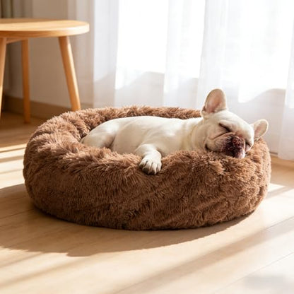 SAVFOX 23 inches Calming Donut Dog Bed - 3X Durable Plush Faux Fur, Machine Washable & Non-Slip, Fits up to 25 lbs, Brown - color: Brown, size: Small | 23"x23"