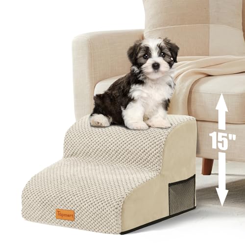 Topmart High Density Foam Pet Steps 2 Tiers,11.8" High,Non-Slip Dog Stairs | Soft Foam Dog Ramp Ladder,Best for Injured,Older Cats,Pets with Joint Pain,Suitable for Low Sofas,Stairs,Lower Place - color: Beige, size: 15.7*15.7*11.8