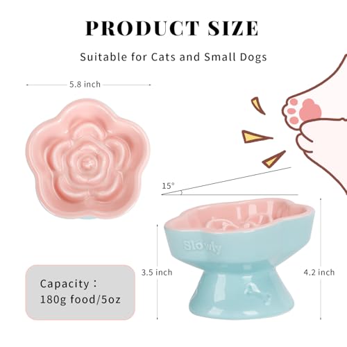 S&Q's CERAMICS Raised Slow Feeder Cat Bowl, Ceramic Elevated and Titled Glass Food Bowl Small Dogs Slow Feeder, Flower Shaped Cute Cat Dish for Dry and Wet Food (Pink, 5.8") - color: Pink