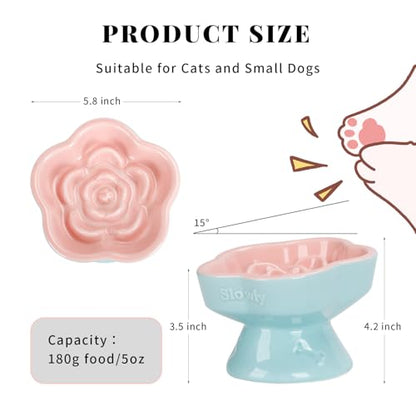S&Q's CERAMICS Raised Slow Feeder Cat Bowl, Ceramic Elevated and Titled Glass Food Bowl Small Dogs Slow Feeder, Flower Shaped Cute Cat Dish for Dry and Wet Food (Pink, 5.8") - color: Pink