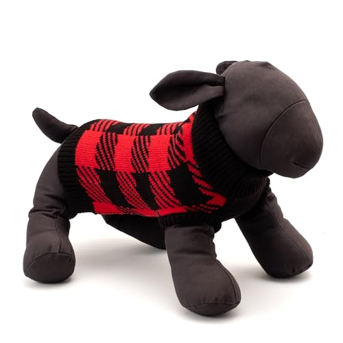 THE WORTHY DOG Buffalo Turtleneck Sleeveless Dog Sweater – Warm Pullover Dog Clothes with Leash Opening, Acrylic Double Knit & High-Cut Belly - Black, X-Small - color: Buffalo Turtleneck - Black/Red, size: X Small