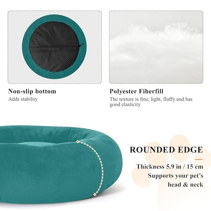 Plain Dark Teal Green Solid Color Calming Dog Bed for Cats & Small Medium Dogs, Washable Plush Round Donut Pet Bed with Soft Raised Rim, 20 inches Warm Anti-Slip Cushio - size: 20 inch