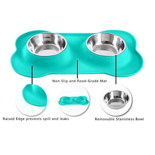 Hubulk Pet Dog Bowls 2 Stainless Steel Dog Bowl with No Spill Non-Skid Silicone Mat + Pet Food Scoop Water and Food Feeder Bowls for Feeding Small Medium Large Dogs Cats Puppies (Small, Mint Green) - color: Mint Green, size: Small
