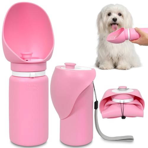 2 in 1 Foldable Dog Water Bottle, Leakproof Portable Pet Dispenser, Water Bottle Dog Bowl, Collapsible Food Grade Silicone Puppy Bottles, Lightweight Foldable for Travel Walking Caming (Pink) - color: Pink