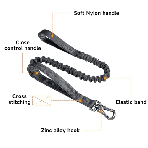 EXCELLENT ELITE SPANKER Military Bungee Dog Leash Elastic Leads Rope with 2 Padded Control Handle for Medium and Small Dogs (Grey) - color: Grey