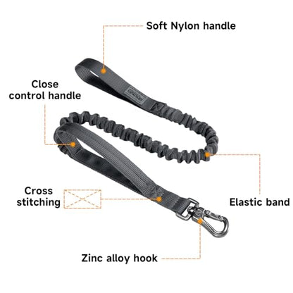 EXCELLENT ELITE SPANKER Military Bungee Dog Leash Elastic Leads Rope with 2 Padded Control Handle for Medium and Small Dogs (Grey) - color: Grey