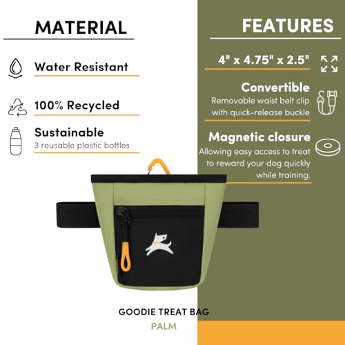 OllyDog, Goodie Treat Bag, Dog Treat Training Pouch | Magnetic Closure | 3 Ways to Wear | Hands-Free Waist Belt | Water-Resistant Recycled Vegan Fabric (Palm) - color: Palm