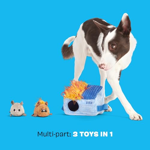 BarkBox Hide N' Squeak Dumpster Fire Dog Toy | 3-in-1 Plush Set with 2 Squeakers, Crinkle & Woven Strap | for Extra Small to Small Dogs - color: Dumpster Fire