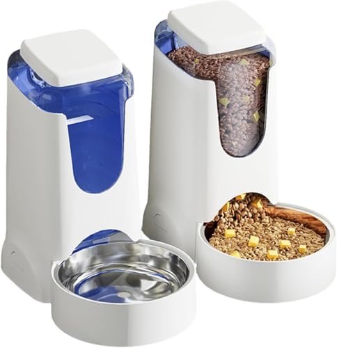 Hamiledyi Pets Automatic Gravity Feeder Dogs 2.8L Food & 4L Water Dispenser Set with Stainless Steel Bowl for Medium Big Dog Cat (White) - color: White
