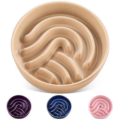 vancasso Slow Feeder Dog Bowl, 3 Cup Ceramic Slow Feeding Food Dish for Large Breed, Puzzle Dog Food Bowl for Fast Eater, Brown - color: Brown, size: L - 3 Cups