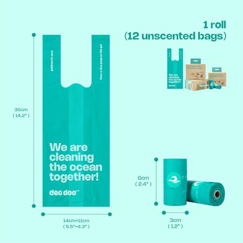 Deo Doo Dog Poop Bags with Handles 144 Counts, Ocean-Recycled, Unscented | 100% Ocean-Waste Materials, Extra thick and Leak Proof, Easy-Tie & Tear-Resistant Design for Dog Walks Cleanups - color: Ocean Blue-100% PCR from Ocean