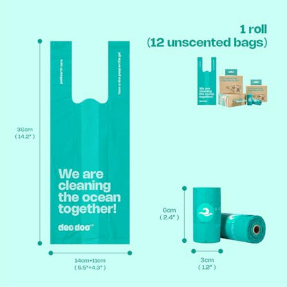 Deo Doo Dog Poop Bags with Handles 144 Counts, Ocean-Recycled, Unscented | 100% Ocean-Waste Materials, Extra thick and Leak Proof, Easy-Tie & Tear-Resistant Design for Dog Walks Cleanups - color: Ocean Blue-100% PCR from Ocean