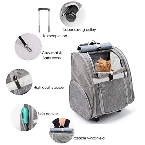 Lollimeow Pet Rolling Carrier, Dog Backpack with Wheels,Cats,Puppies Travel Bag with Wheels,Dog Trolley(Grey) - color: Grey