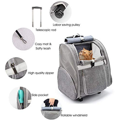 Lollimeow Pet Rolling Carrier, Dog Backpack with Wheels,Cats,Puppies Travel Bag with Wheels,Dog Trolley(Grey) - color: Grey