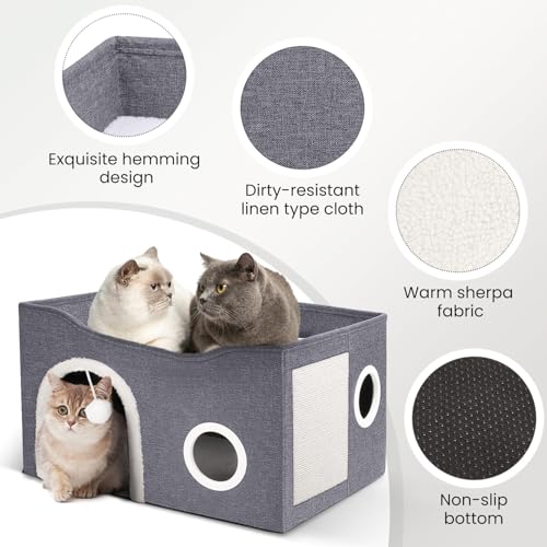Heeyoo Cat House for Indoor Cats - Large Cat Bed Cave with Fluffy Ball and Scratch Pad, Foldable Cats Houses & Condos, Cat Hideaway, Covered Kitty Bed for Multi Small Large Kitty, 23.8x15.9x13.2 Inch - style: Without heat pad
