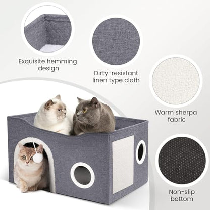 Heeyoo Cat House for Indoor Cats - Large Cat Bed Cave with Fluffy Ball and Scratch Pad, Foldable Cats Houses & Condos, Cat Hideaway, Covered Kitty Bed for Multi Small Large Kitty, 23.8x15.9x13.2 Inch - style: Without heat pad