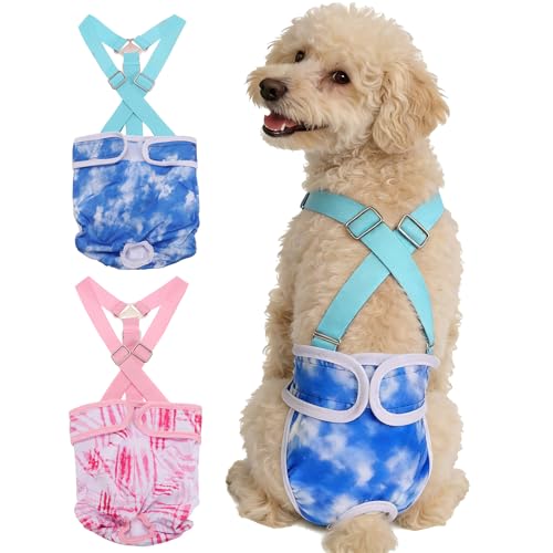 Washable Female Dog Diapers with Suspender, Reusable Dog Diapers Absorbent Leakproof(Tie-Dye Dark Blue/Tie-Dye Dark Pink L, 2Pcs), Intended for Female in Heat Cycle - color: Tie-Dye Dark Blue/Tie-Dye Dark Pink, size: L