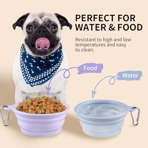 Collapsible Dog Bowls 2-Pack, Portable Travel Dog Bowl with Carabiner, Food-Grade Silicone Pet Bowl for Hiking, Walking (Macaron Blue and Violet) - color: 12 OZ Macaron Blue and Violet