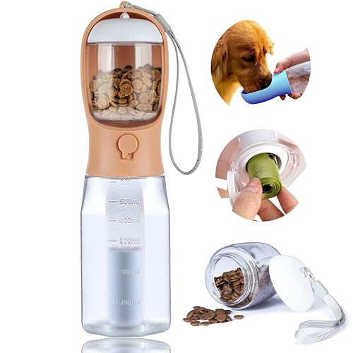 Dog Water Bottle with Food Container, Portable Pet Dog Water Dispenser for Outdoor Walking,Hiking,Travel,Puppy Essentials,Puppy Supplies,Replaceable Waste Bags - color: orange pink, size: 20oz