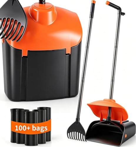 ienjoyed 40" Tall Dog Pooper Scooper with 100 Bags Attachment, Large Capacity Swivel Bin and Rake Metal Pole, Long Handle Pooper Scooper for Large Dogs, Dog Poop Scoop for Yard (Orange) - color: Orange