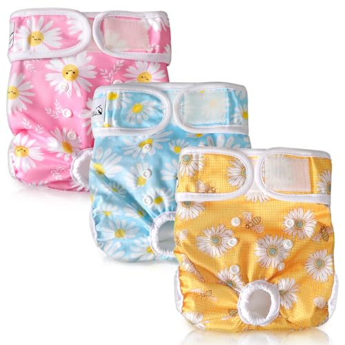 SlowTon Washable Dog Diapers Female - 3 Pack No Leak Reusable Doggie Puppy Diaper with Adjustable Buttons, Comfortable Female Dog Diapers for Heat Cycle Period Small Medium Large Dogs (L) - color: A.Daisy, size: Large（19''-26''Waist)