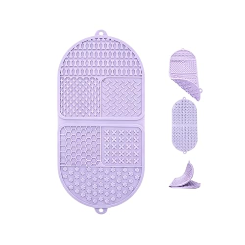 Foldable Dog Lick Mat, 142 Strong Suction Cups Silicone Slow Feeder Lick Pad with 6 Textured Zones, Anxiety Relief Mat for Bath Grooming, BPA Free for Dogs & Cats (Purple, 17.32 x 7.87in)