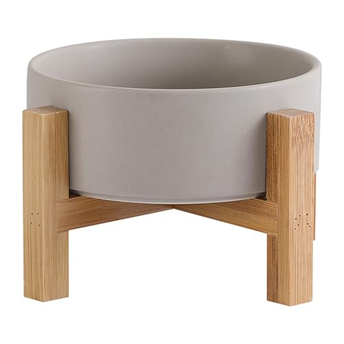 Elevated Ceramic Cat Bowl - Cat Food Bowl with Bamboo Stand - Raised Dog Dish for Puppies - Anti Vomiting, Stress Free - 13.5 oz / 400 ml - Grey - color: Grey, size: Small