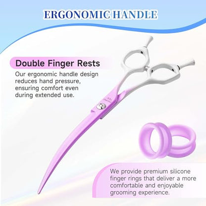 7'' Curved Dog Grooming Scissors Violet to White Gradient | 440C Stainless Steel, Sharp Durable, Professional or Home Use, Ergonomic Handle with 2 Silicone Finger Rings - color: Violet