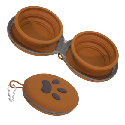 Collapsible Dog Bowl 2-in-1 Travel Portable Silicone Carabiner,Brown | food & water use, folds flat, compact storage, camping, hiking, everyday walks, carabiner clip included - color: A-Brown