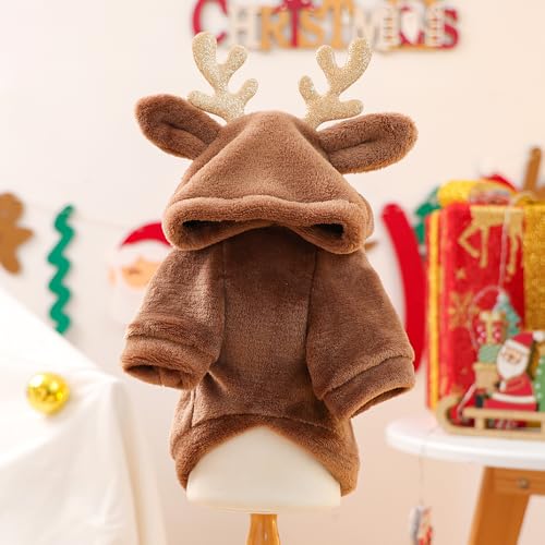 Reindeer Dog Costume Christmas Small Dog Hoodies with Antlers and Plush Ears Fleece Puppy Sweatshirt Winter Cat Clothes Cold Weather Coat Pet Santa Outfit (Brown, Medium) - size: Medium