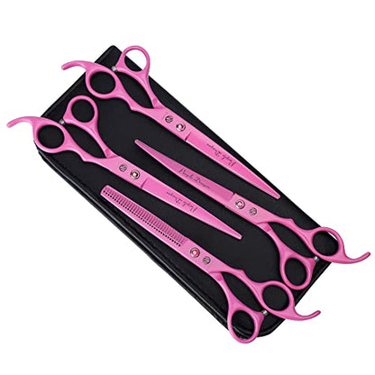 Purple Dragon Professional 7.0 inch 4PCS Pet Grooming Scissors Kit Japan Premium Steel Straight & Curved & Thinning Blade Dog Hair Cutting Shears Set with Case - color: Pink