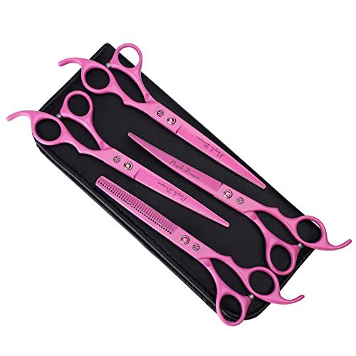 Purple Dragon Professional 7.0 inch 4PCS Pet Grooming Scissors Kit Japan Premium Steel Straight & Curved & Thinning Blade Dog Hair Cutting Shears Set with Case - color: Pink