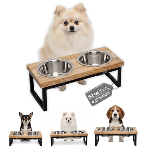 Elevated Dog Bowls, 4.5” Small Dogs/Cats Only Raised Bowl Mango Wood Stand, Food & Water 2 Stainless Steel Dishes Each 32oz/4Cup Capacity, Non-Slip Pet Feeder Station in Brown, toy Breeds - size: 4.5 Inches / 32oz 2 Bowl