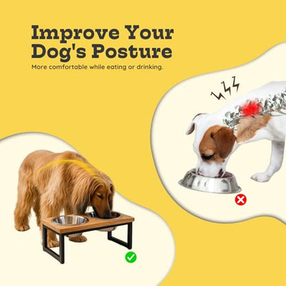Elevated Dog Bowls, Medium 5.2 Height Mango Wood Raised Dog Bowl Iron Stand Frame with 64oz 2 Pcs Stainless Steel Pets Dishes, Food & Water 8Cup, 1.9L Capacity Nonslip Cat Feeding Station - size: 5.2 Inches / 64oz 2 Bowl