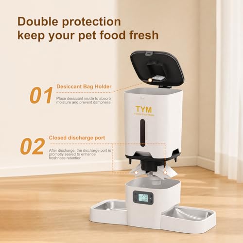 TYM Automatic Cat Feeder 2 Cats, 7L Cat Dry Food Dispenser with Double Bowls, Dual Auto Dog Feeder with Programmable Timer, Dual Power Supply, Easy to Clean for Multiple Cats and Small Dogs - color: White-2a