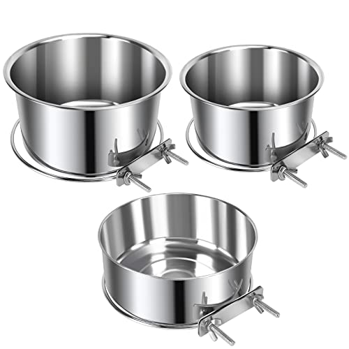 3 Pcs Large Pet Dog Food Water Bowl for Cage Stainless Steel Kennel Hanging Cats Pets Bowls with Clamp Holder Crate Feeder Dish for Medium Large Dogs (7.1x3.5'' & 6.3x2.6'' & 5.5x3.1'') - color: Silver, size: L (77 & 45 & 41 OZ)