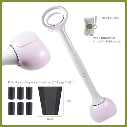 Dog Pooper Scooper Portable with Bag Attachment, One Handed Foldable Design, Includes 120 Waste Bags and Dispenser, 28 Inch Handle for Grass Yard Gravel Cleanup (Purple) - color: 28in + Purple + 120 garbage bags + dispenser