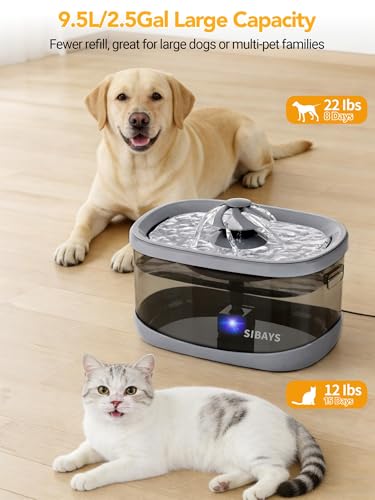 SIBAYS 9.5L Dog Water Fountain for Large Dogs, 2.5Gal Large Capacity Pet Water Fountain with 3 Flow Modes and LED Light, Automatic Ultra Quiet Dog Water Bowl Dispenser, Easy to Clean (FS82, Grey) - color: Grey