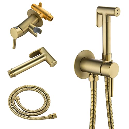 SHAMANDA Warm Water Bidet Sprayer for Toilet with Hot and Cold Brass Rough-in Valve, Stainless Steel Round Handheld Bidet Attachment Set for Feminine, Pets and Baby Diaper Wash, Brushed Gold, BDS09-3 - color: Brushed Gold, style: Hot & Cold Water Modes-Ro