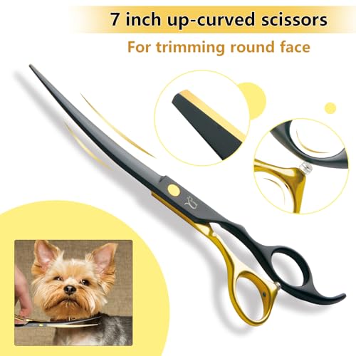 Dog Grooming Scissors,Paint Coated Curved Scissors Thinning Scissors with Safety Round Tips, Sharp and Durable 5 in 1 Dog Scissors for Grooming