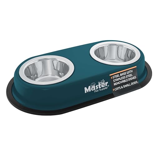 Master Pet Supply Double Dog Bowls Set with Elevated Base and 2 (8 oz) Stainless Steel Removable Dishes (Emerald Sea) – Double Cat Food Water Bowl, Dog Puppy Food Bowl Set, Rust Resistant - color: Emerald Sea