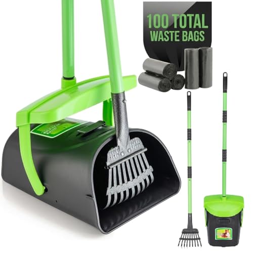MXF Pooper Scooper Swivel Bin & Rake Kit with 100 Waste Bags, 36.6" Long Handle Dog Poop Scooper with Bag Attachment for Large Medium Small Dogs, Poop Scooper for Lawn Yard Dog Kennel