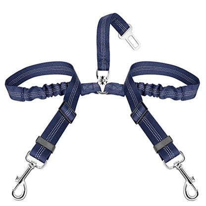 SlowTon Dog Seat Belt, Double Dog Seatbelt Adjustable Vehicle Safety Leash with Elastic Bungee Buffer, Reflective No Tangle Y Shape Two Dog Harness Seat Belt Splitter for Pets Car Trip (Blue, S) - color: K.Blue, size: 2 Small in 1