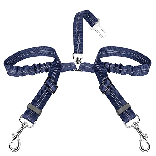 SlowTon Dog Seat Belt, Double Dog Seatbelt Adjustable Vehicle Safety Leash with Elastic Bungee Buffer, Reflective No Tangle Y Shape Two Dog Harness Seat Belt Splitter for Pets Car Trip (Blue, S) - color: K.Blue, size: 2 Small in 1