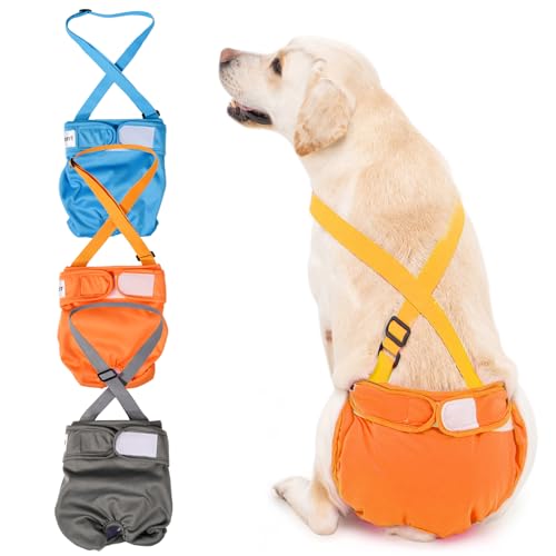 3 Pack Avont Washable Female Dog Diaper with Suspender, Reusable Girl Doggie Diapers for Small Medium Large Doggy in Heat Cycle Period Incontinence -S Blue/Orange/Grey - color: Blue/Orange/Grey, size: S