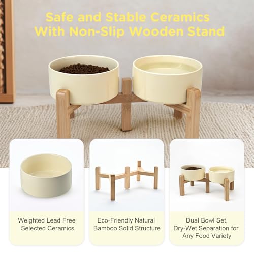 SPUNKYJUNKY Elevated Dog Bowls Ceramic, 6.1'' Dogs and Cat Food Water Bowls Raised with Non-Slip Bamboo Stand for Medium Sized Breed Microwave Dishwasher Safe - 28.7 OZ,Beige - color: Beige, size: 6.1 in - 3.6 cups