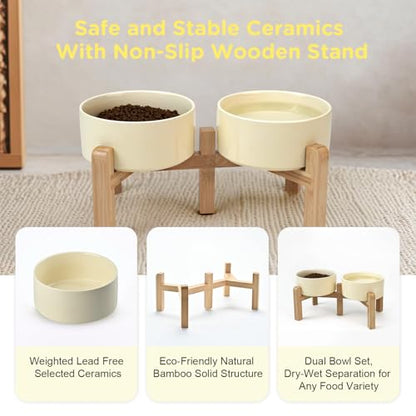 SPUNKYJUNKY Elevated Dog Bowls Ceramic, 6.1'' Dogs and Cat Food Water Bowls Raised with Non-Slip Bamboo Stand for Medium Sized Breed Microwave Dishwasher Safe - 28.7 OZ,Beige - color: Beige, size: 6.1 in - 3.6 cups