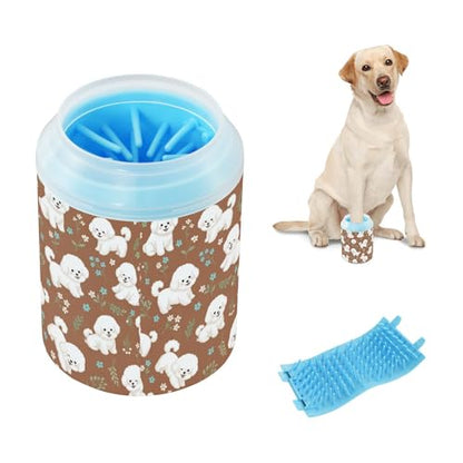 Cute Animals Dogs Brown Print Dog Paw Cleaner Cup with Soft Silicone Brush, Portable Lightweight Small Muddy Paw Washer for Dogs, Easy to Use Pet Foot Cleaner