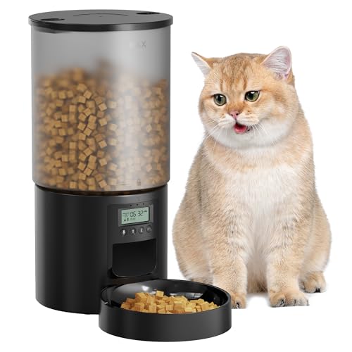 Automatic Cat Feeder Food Dispenser: 6L Timed Small Dog Dry Food Dispenser with 10s Voice - Distributeur Nourriture Chat Hund Programmable - Auto Pet Feeder with 1-6 Meals Black