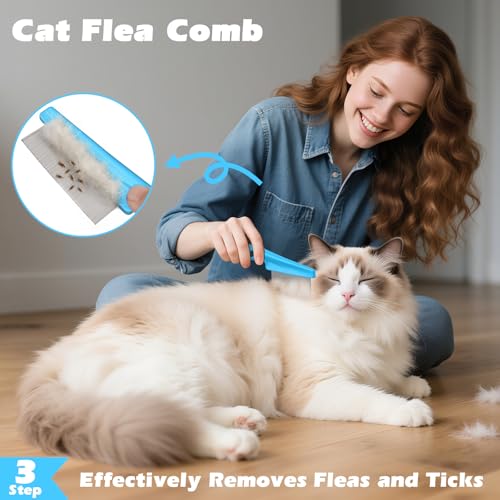 3PCS Cat Grooming Supplies, Cat Brush & Nail Clipper/Trimmer & Flea Comb for Shedding Indoor Cats Essentials Stuff Accessories (Blue) - color: Blue